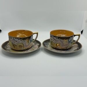 Two Vintage Japanese Black & Gold Luster Moriage Dragon Porcelain Cup & Saucer